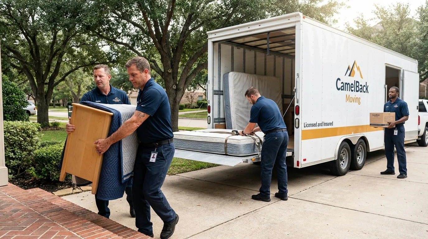 Crew loading residential truck for cross-state move from Oblong, IL