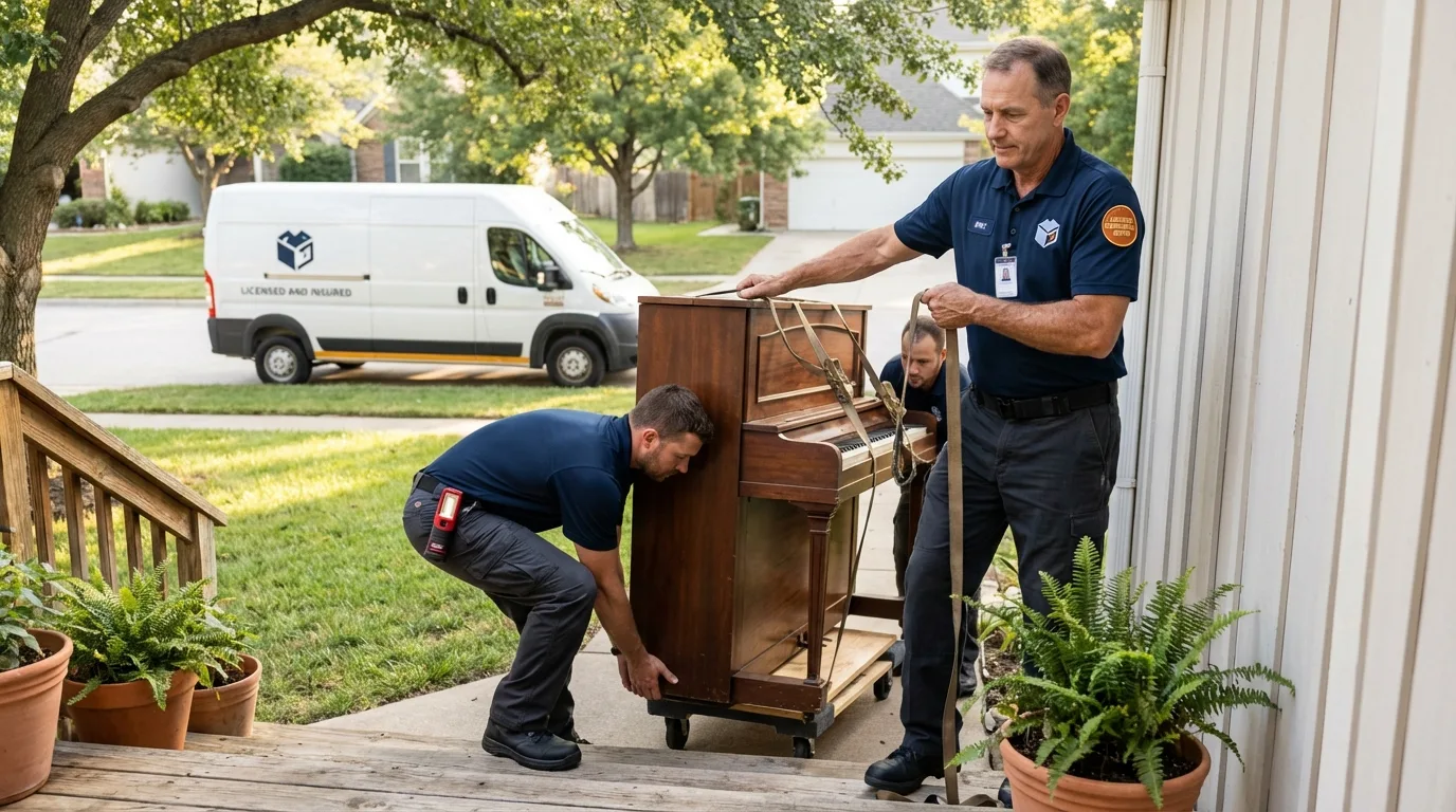 Licensed piano movers securing grand piano in Oblong, IL