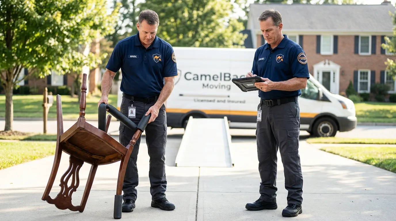 Movers inspecting furniture for damage prevention before loading in Oblong, IL